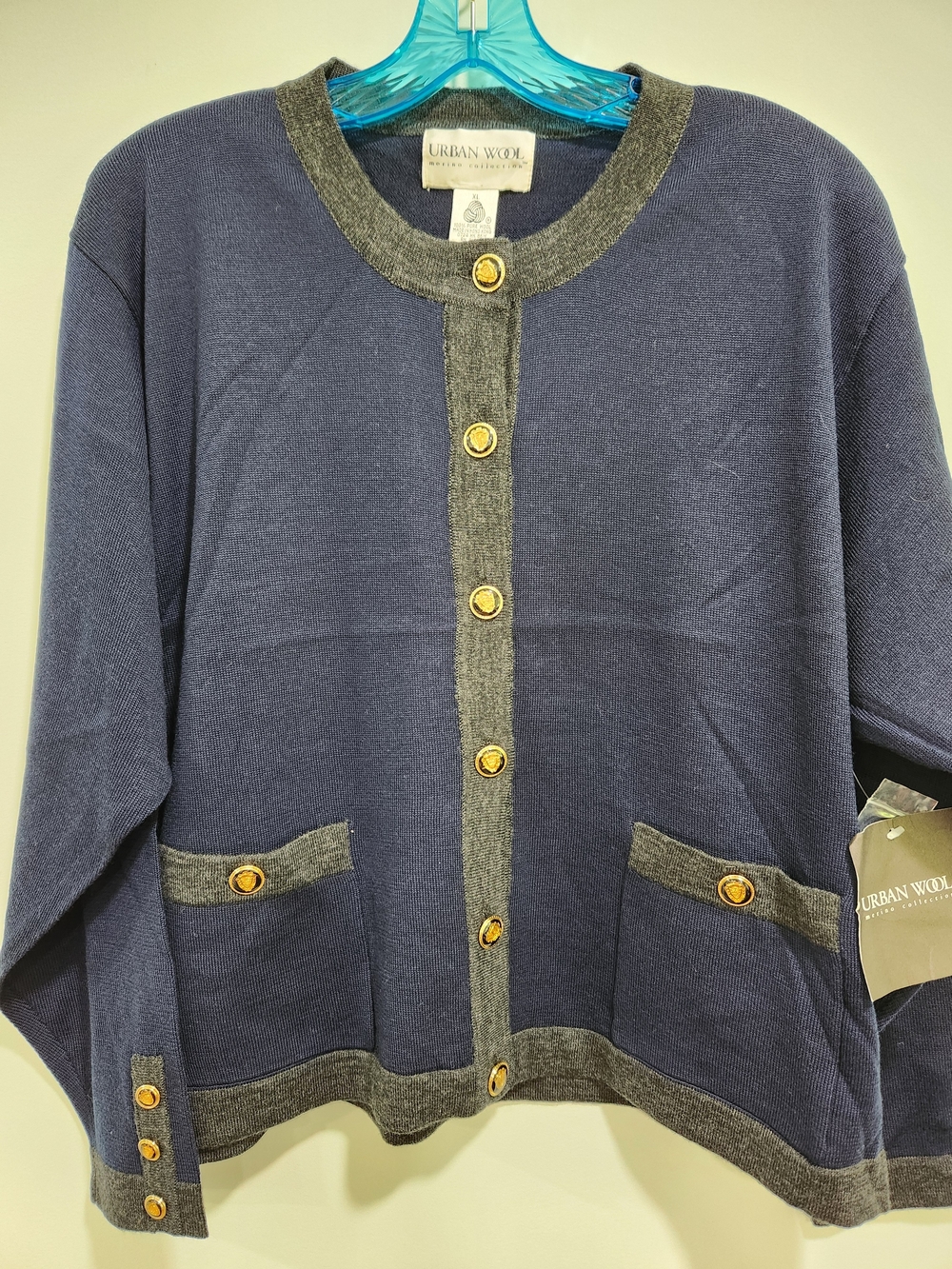Navy and Gray Button-Front Women's Sweater Vintage 100 % Wool